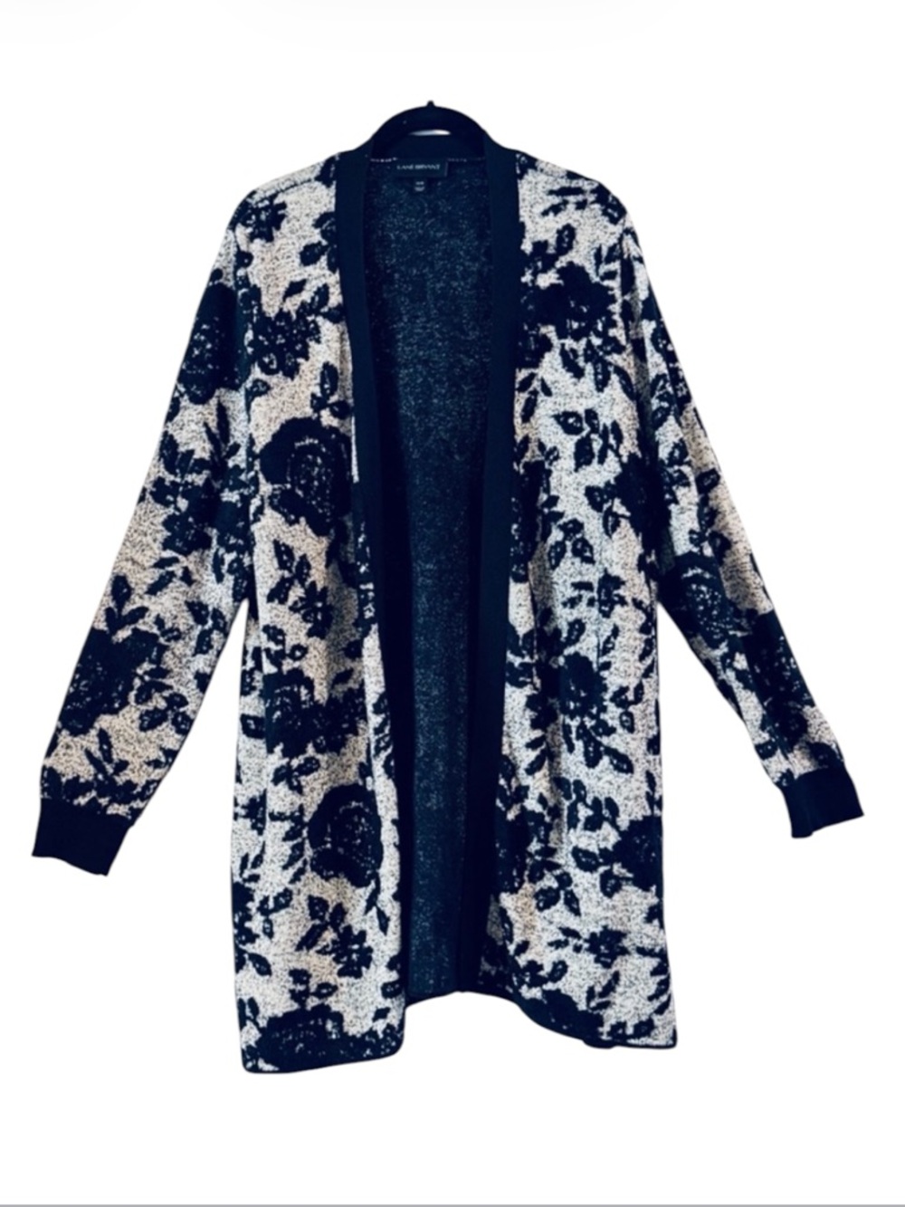 Lane Bryant Floral Duster Cardigan Sweater Black White Open Front Size 14/16